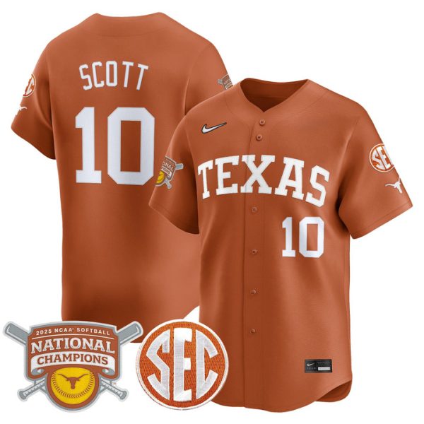 size - Texas Longhorns 2025 Softball National Champions Vapor Premier Limited Jersey Stitched Orange Mia Scott