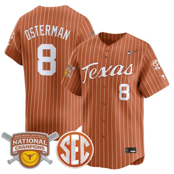 size - Texas Longhorns 2025 Softball National Champions Vapor Premier Limited Jersey Stitched Orange Pinstripe Cat Osterman