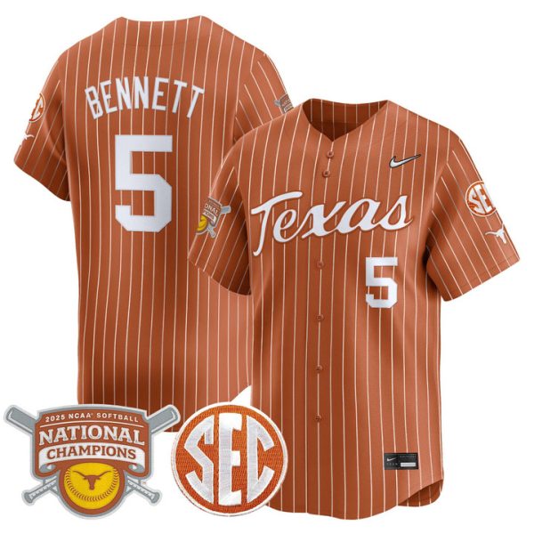 size - Texas Longhorns 2025 Softball National Champions Vapor Premier Limited Jersey Stitched Orange Pinstripe Kaydee Bennett
