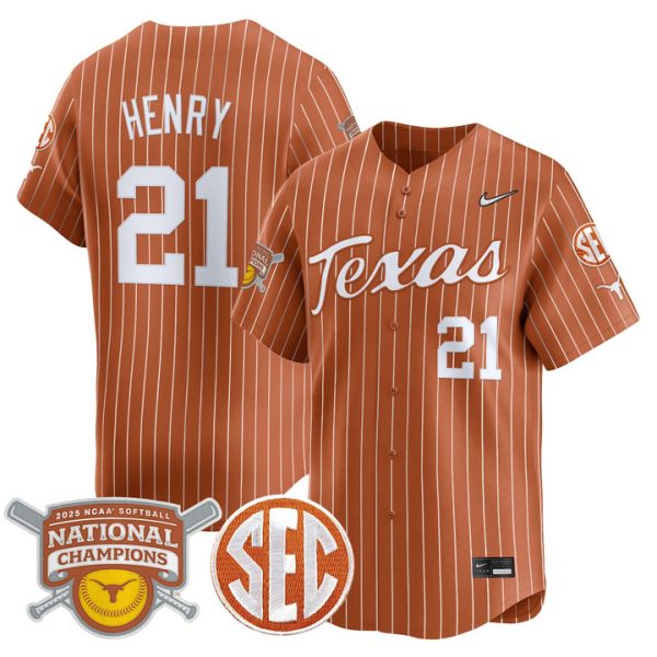 size - Texas Longhorns 2025 Softball National Champions Vapor Premier Limited Jersey Stitched Orange Pinstripe Kayden Henry