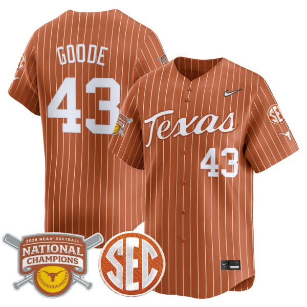 size - Texas Longhorns 2025 Softball National Champions Vapor Premier Limited Jersey Stitched Orange Pinstripe Leighann Goode