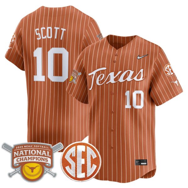 size - Texas Longhorns 2025 Softball National Champions Vapor Premier Limited Jersey Stitched Orange Pinstripe Mia Scott