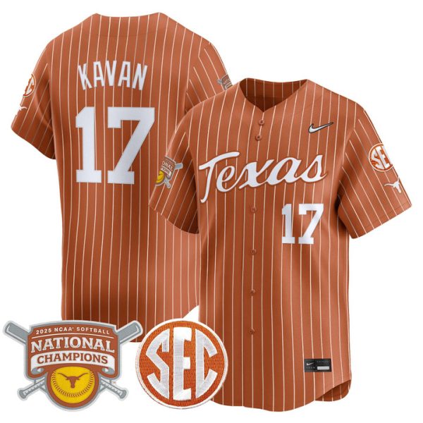 size - Texas Longhorns 2025 Softball National Champions Vapor Premier Limited Jersey Stitched Orange Pinstripe Teagan Kavan