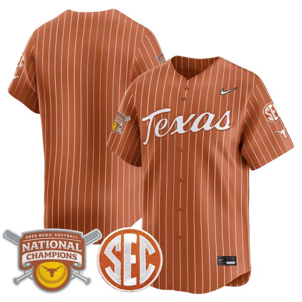 size - Texas Longhorns 2025 Softball National Champions Vapor Premier Limited Jersey Stitched Orange Pinstripe Team