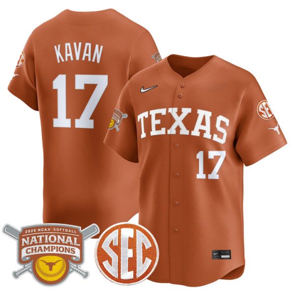size - Texas Longhorns 2025 Softball National Champions Vapor Premier Limited Jersey Stitched Orange Teagan Kavan