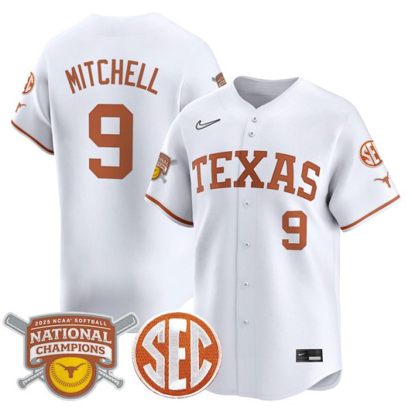 size - Texas Longhorns 2025 Softball National Champions Vapor Premier Limited Jersey Stitched White Joley Mitchell