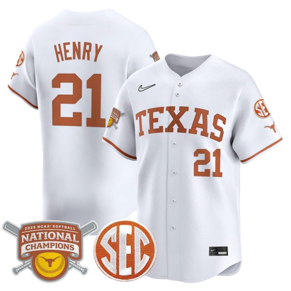 size - Texas Longhorns 2025 Softball National Champions Vapor Premier Limited Jersey Stitched White Kayden Henry