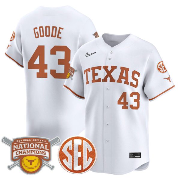 size - Texas Longhorns 2025 Softball National Champions Vapor Premier Limited Jersey Stitched White Leighann Goode
