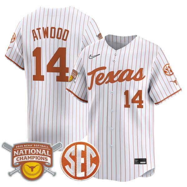 size - Texas Longhorns 2025 Softball National Champions Vapor Premier Limited Jersey Stitched White Pinstripe Reese Atwood