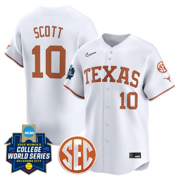 size - Texas Longhorns Softball 2025 World Series (WCWS) Vapor Premier Limited Jersey Stitched White Mia Scott